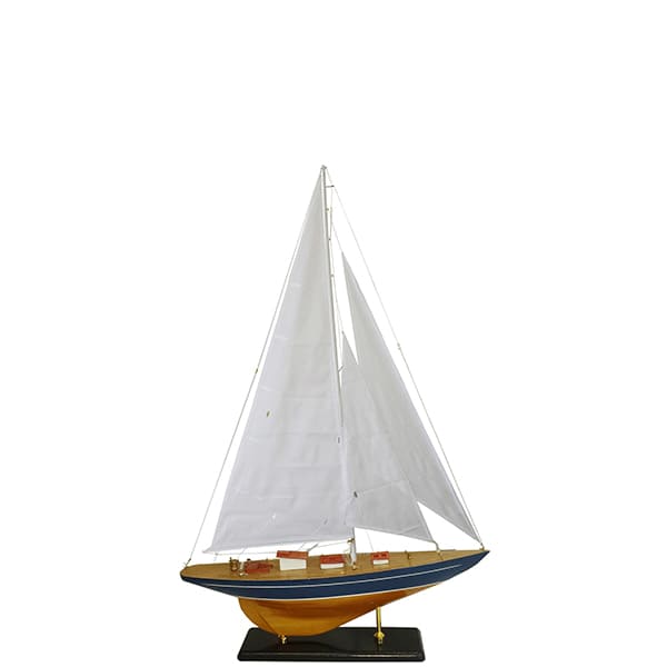 3595-1 יאכטה מפרש לבן עבודת יד מעץ בצבע טבעי עם פס כחול 43x63 סמ