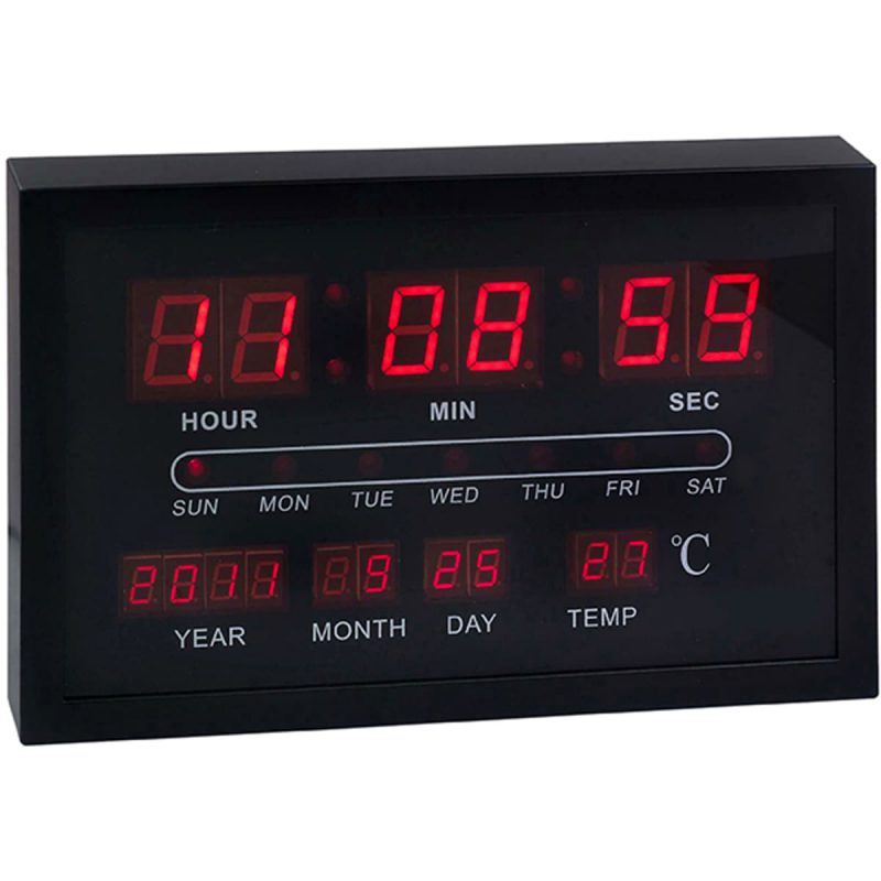 שעון קיר דיגיטלי תאריכון מד מעלות שחור 2077